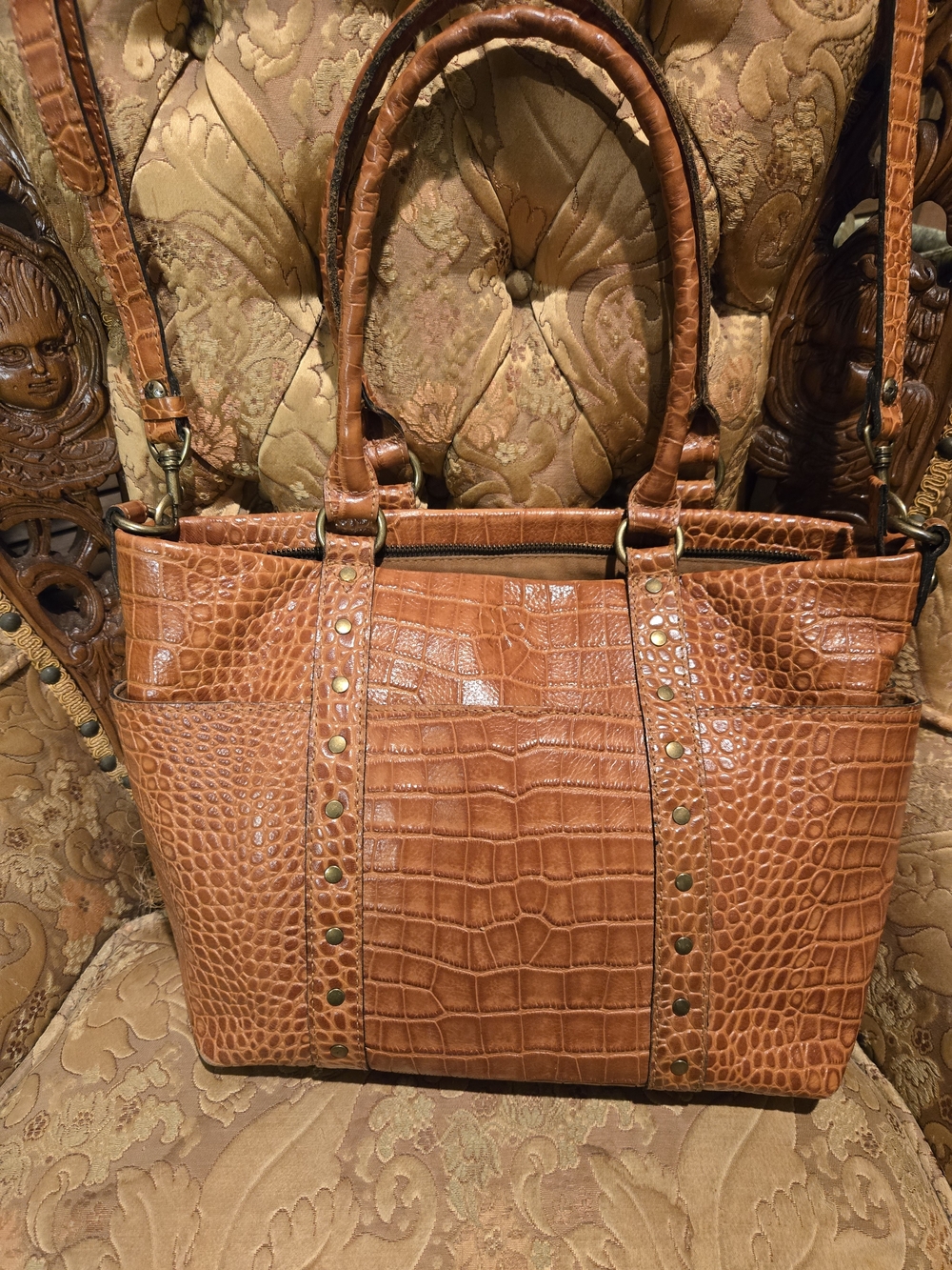Patricia Nash Cognac Carducci Croc-Embossed Leather Tote with Stud Accents. Good